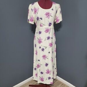 Vintage Ms Basia California Maxi Dress Tie Waist Purple Iris Daisies Floral